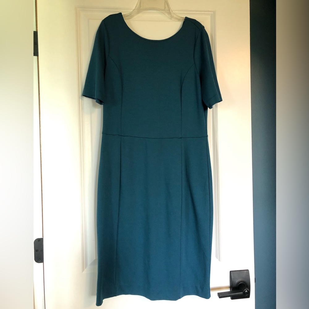 Ann Taylor Factory, Teal Ribbed Pencil Dress, Back Slit & V-Neck Back, 10 PETITE